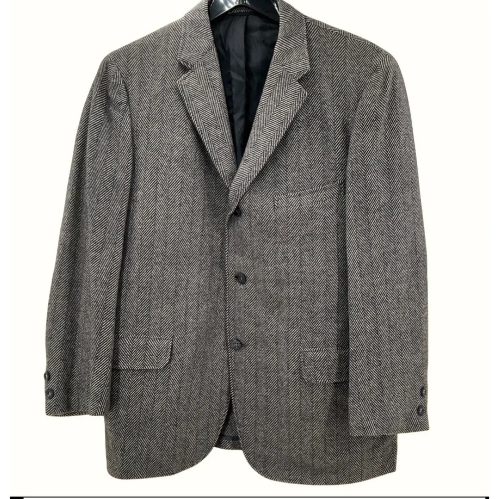 Vintage Redwood & Ross 100% Cashmere Herringbone Blazer Mens 42 Grey Academic
